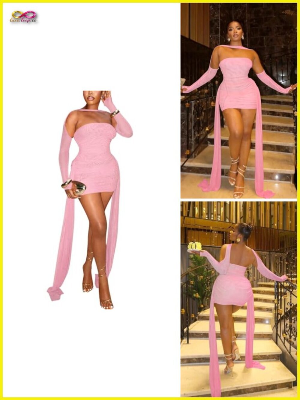 Sexy Strapless Bandage Tube Top Mini Dress with Halter Mesh Long Sleeves Ruched